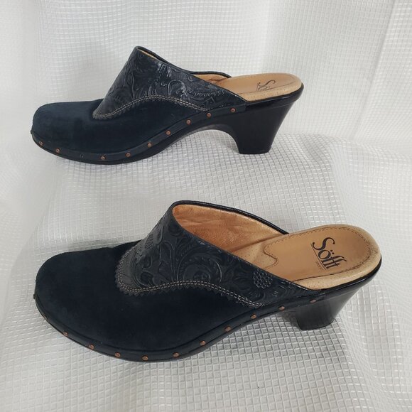 Sofft 8.5 M Clogs Mules Tooled Leather Suede Studded Block Heel CottageCore Rust - Picture 4 of 13